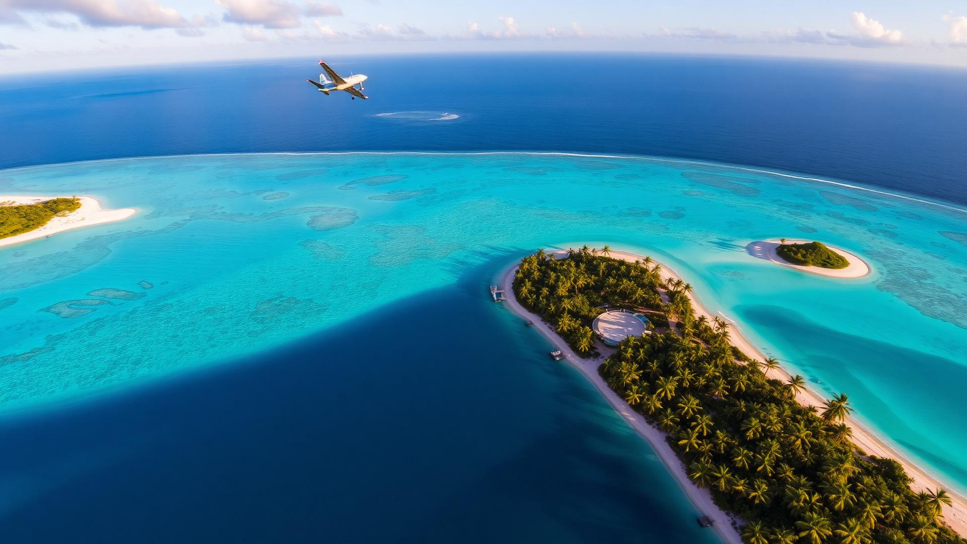 Aerial view of tropical island with plane flying overhead